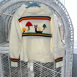 Whimsical vintage Cream Sweater with Snail and Mushroom Design